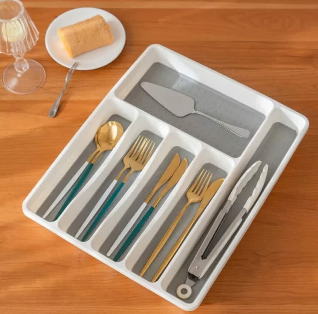 Large Silverware Tray 6-Compartment White Kitchen Drawer Organizer BPA-Free