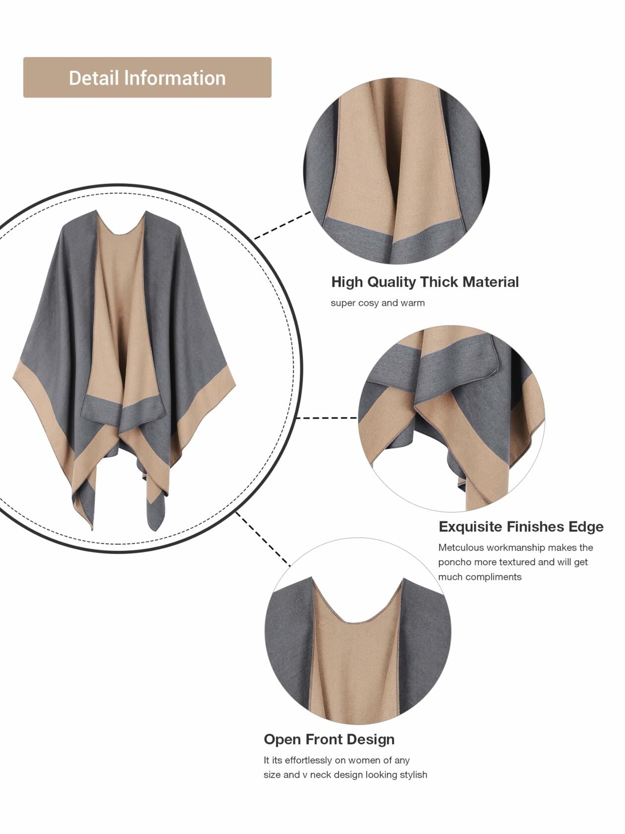 MissShorthair Women's Shawl Wrap Poncho Reversible Dark Gray Beige