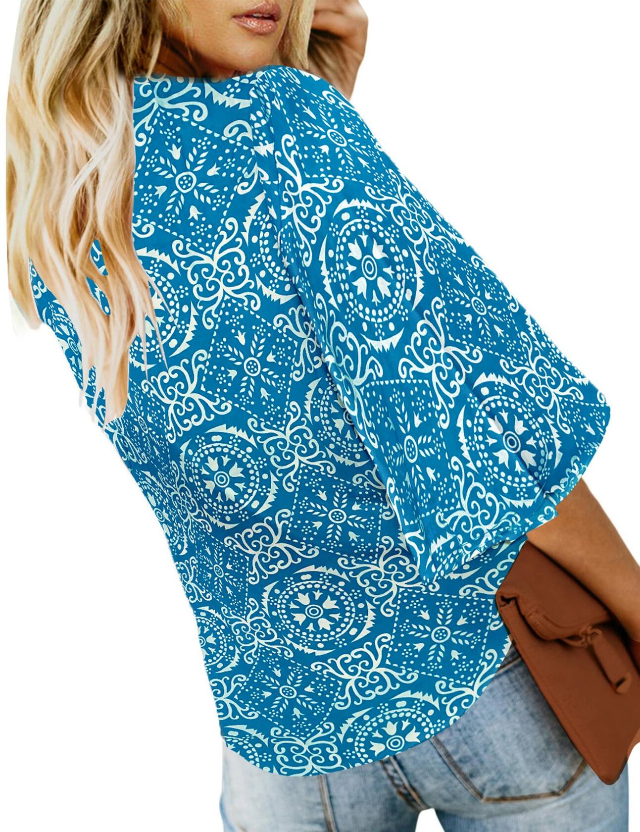luvamia Women's V Neck 3/4 Bell Sleeve Button Down Top Blue Size M