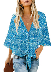 luvamia Women's V Neck 3/4 Bell Sleeve Button Down Top Blue Size M
