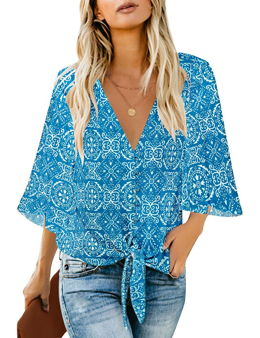 luvamia Women's V Neck 3/4 Bell Sleeve Button Down Top Blue Size M