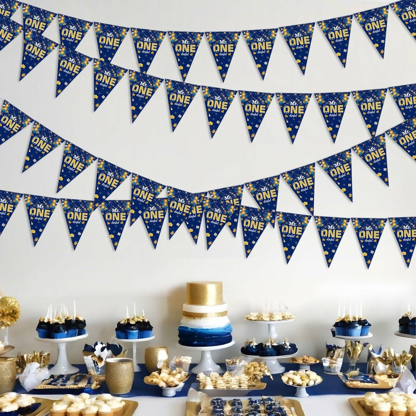 Mr. Onederful 1st Birthday Boy Triangle Banner Blue Party Decorations