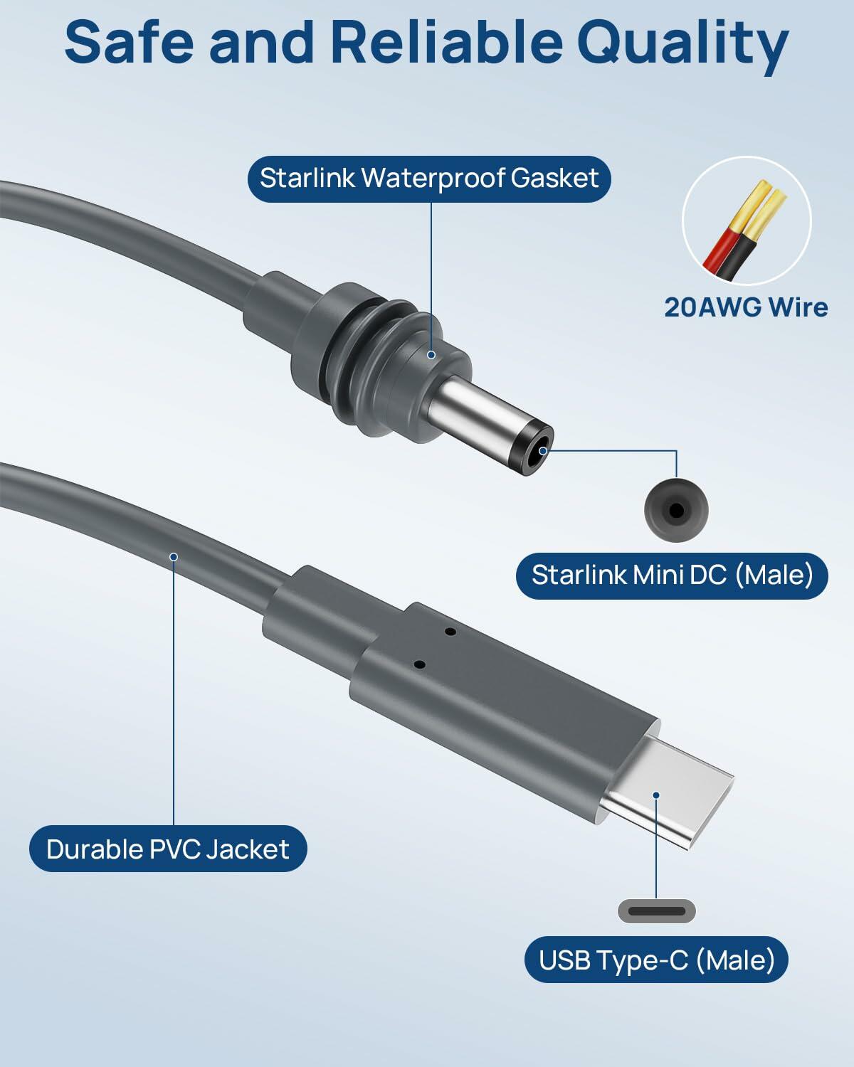 Starlink Mini USB-C to DC Power Cable 6.5FT Black Portable Accessory