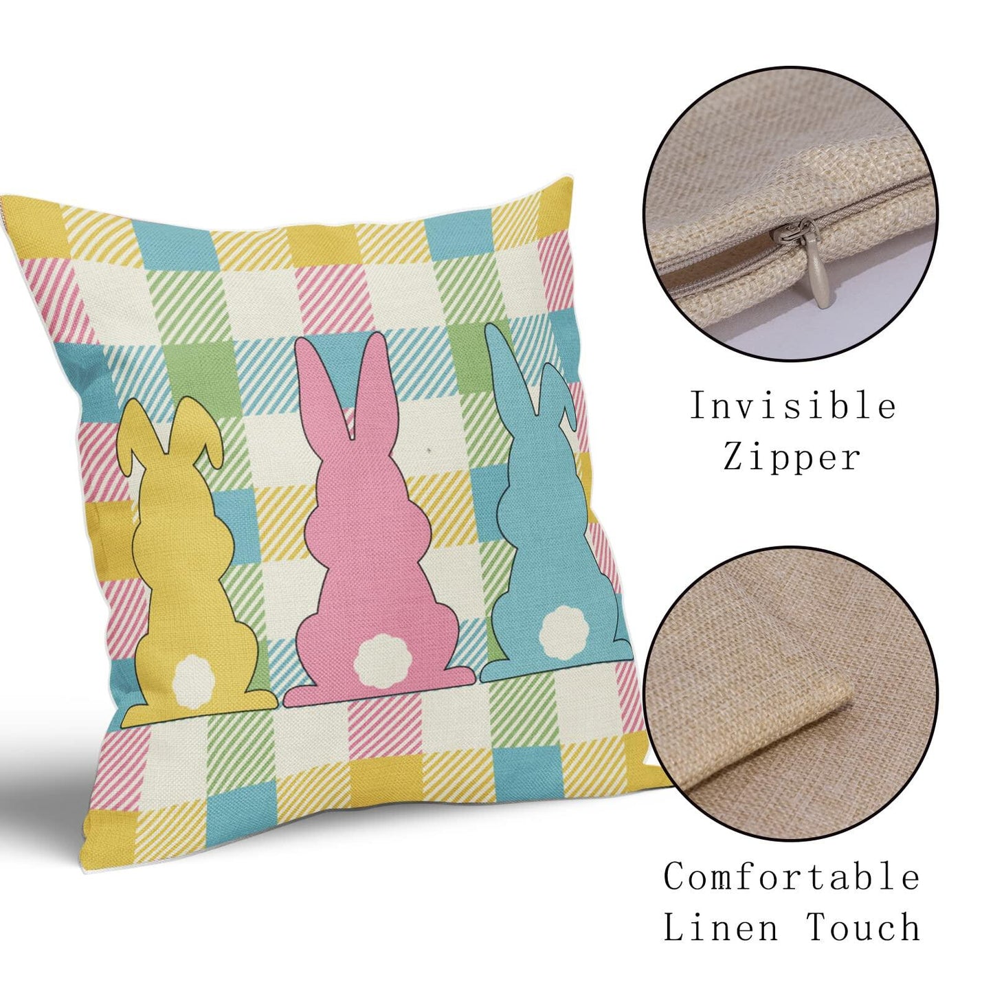 Easter Pillow Covers Set of 2 18x18 Inch Bunny Buffalo Plaid Colorful