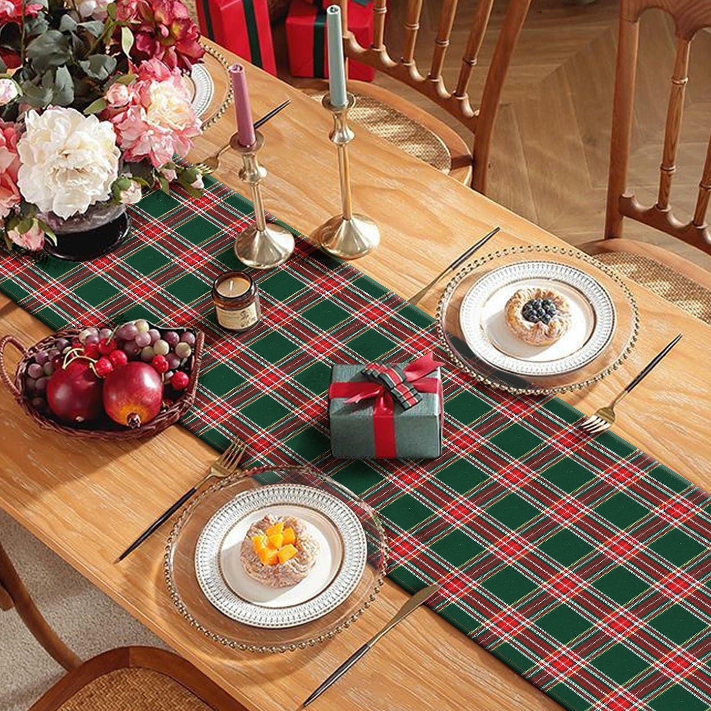 Buffalo Plaid Cotton Table Runner Reversible Red Green 14x84 Inch