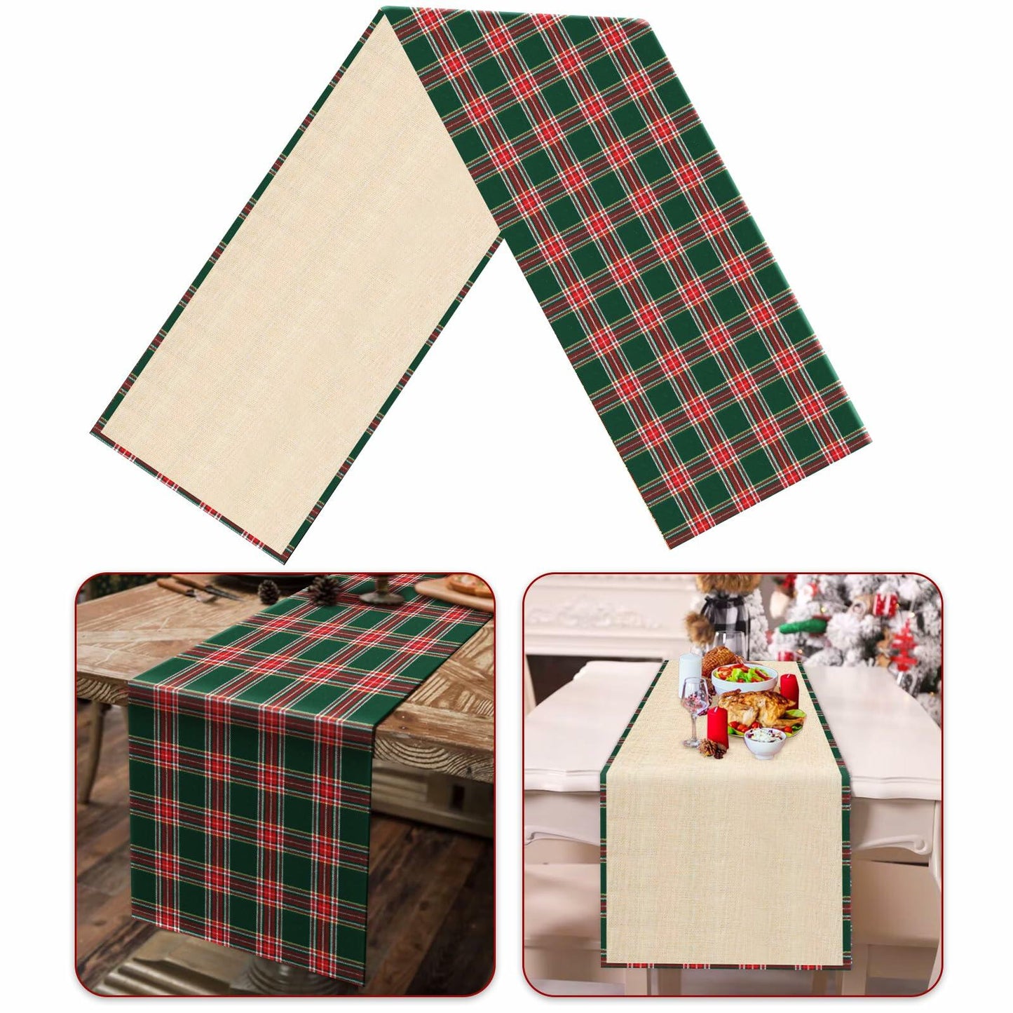 Buffalo Plaid Cotton Table Runner Reversible Red Green 14x84 Inch