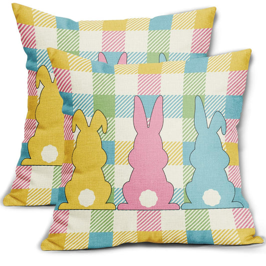 Easter Pillow Covers Set of 2 18x18 Inch Bunny Buffalo Plaid Colorful