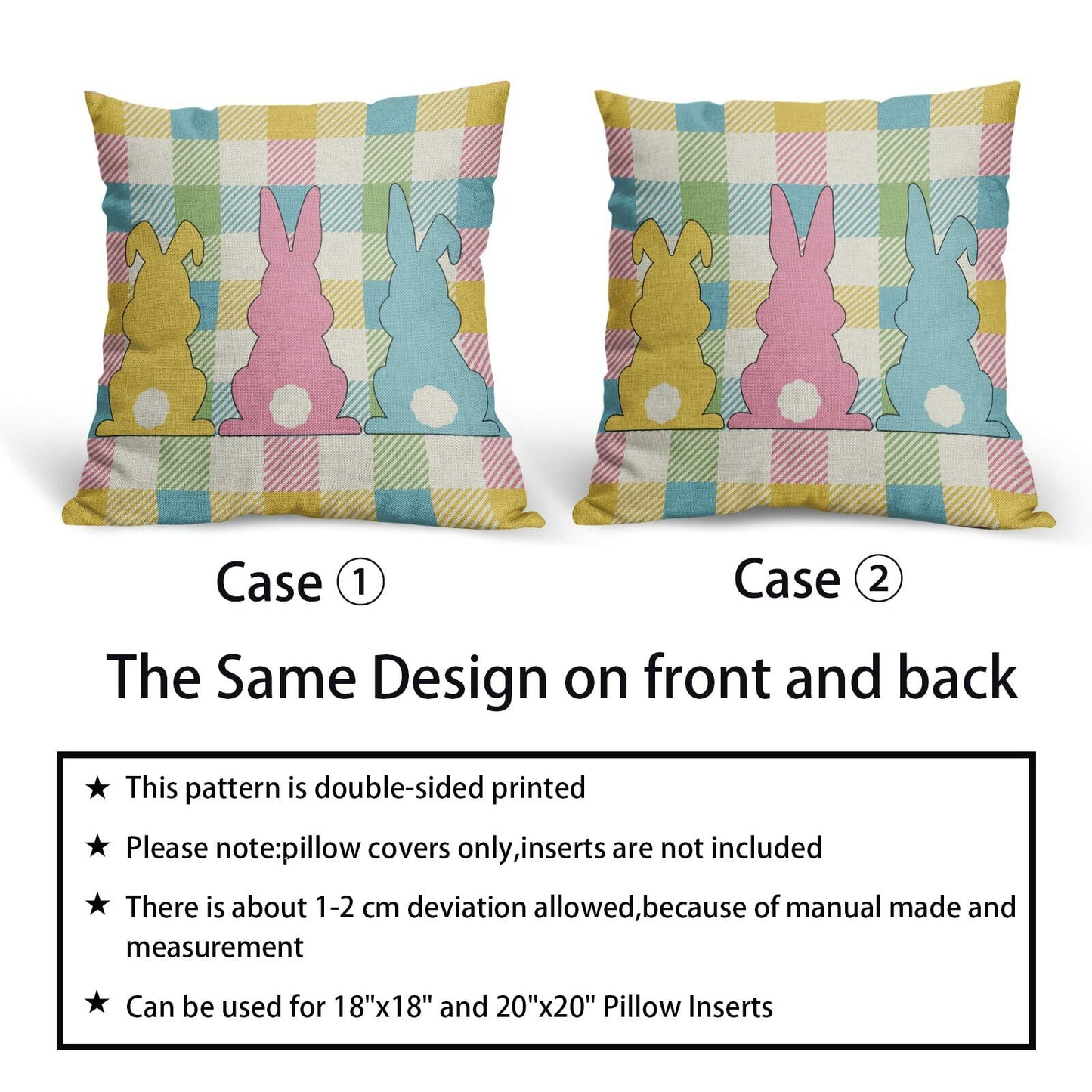 Easter Pillow Covers Set of 2 18x18 Inch Bunny Buffalo Plaid Colorful