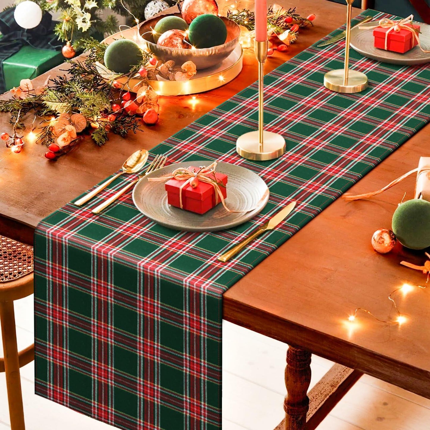 Buffalo Plaid Cotton Table Runner Reversible Red Green 14x84 Inch