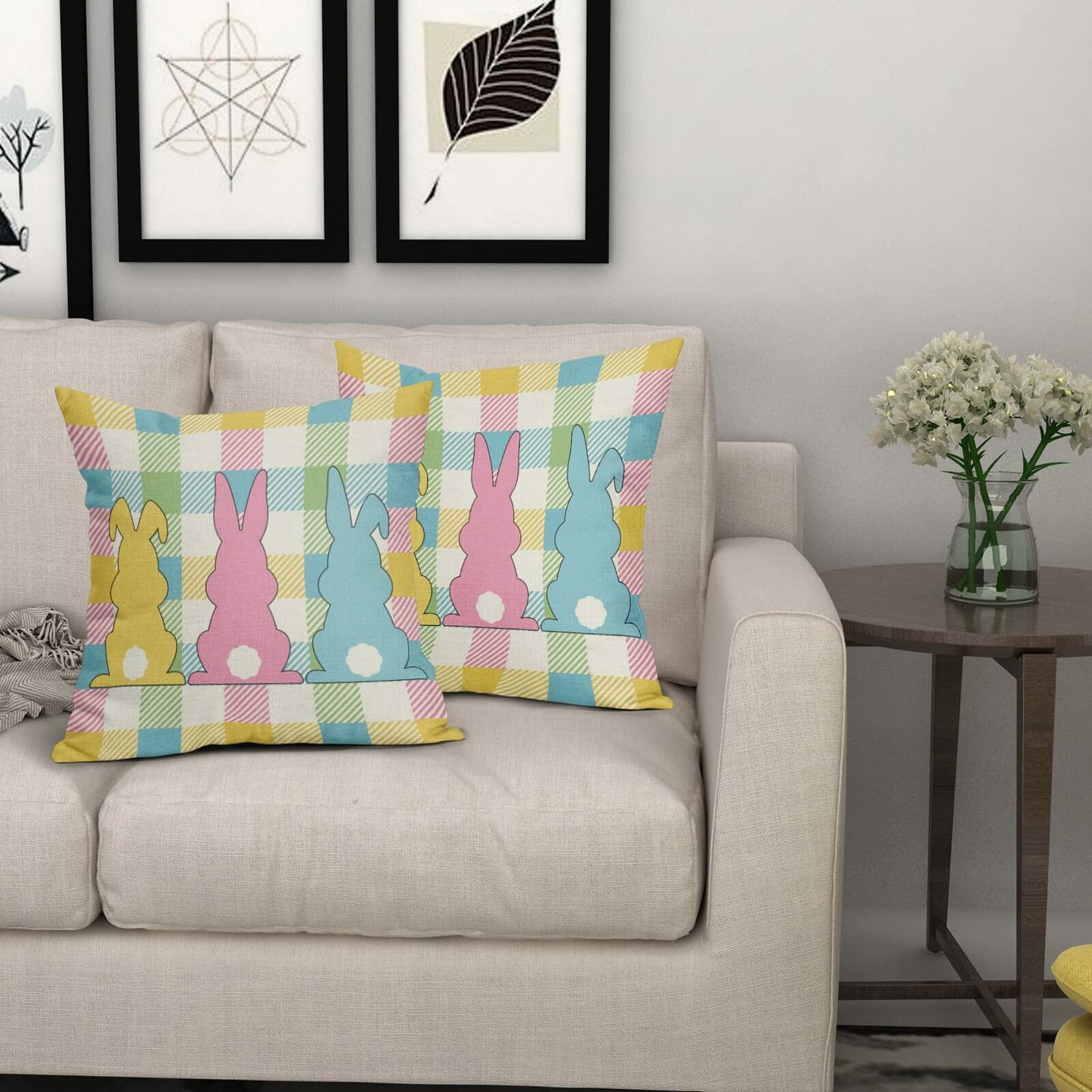 Easter Pillow Covers Set of 2 18x18 Inch Bunny Buffalo Plaid Colorful