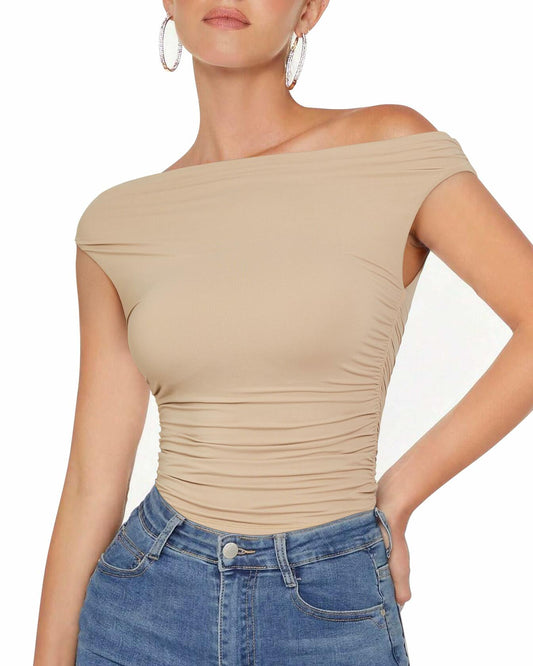 MOOSLOVER Women Off Shoulder Double Lined Fitted Crop Top Nude Size M
