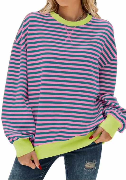 Pmgarmi Oversized Crewneck Striped Sweatshirt Women Pink Green Size XL