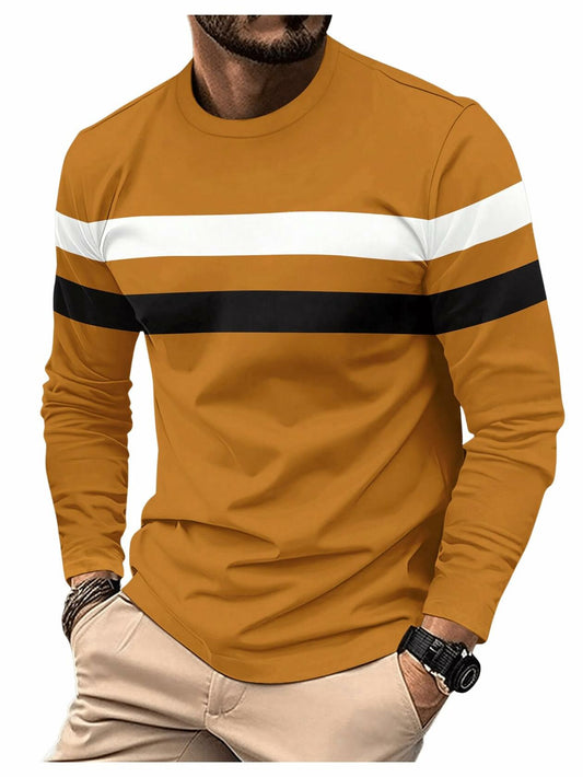 COZYEASE Men's Color Block Striped Long Sleeve Tee Mustard Yellow Size XL