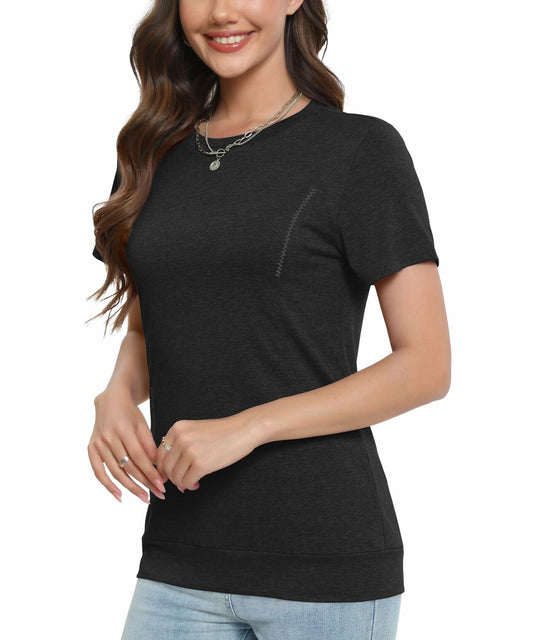 NILOUFO Womens Summer Casual Short Sleeve Tunic Top Crew Neck Black Size M