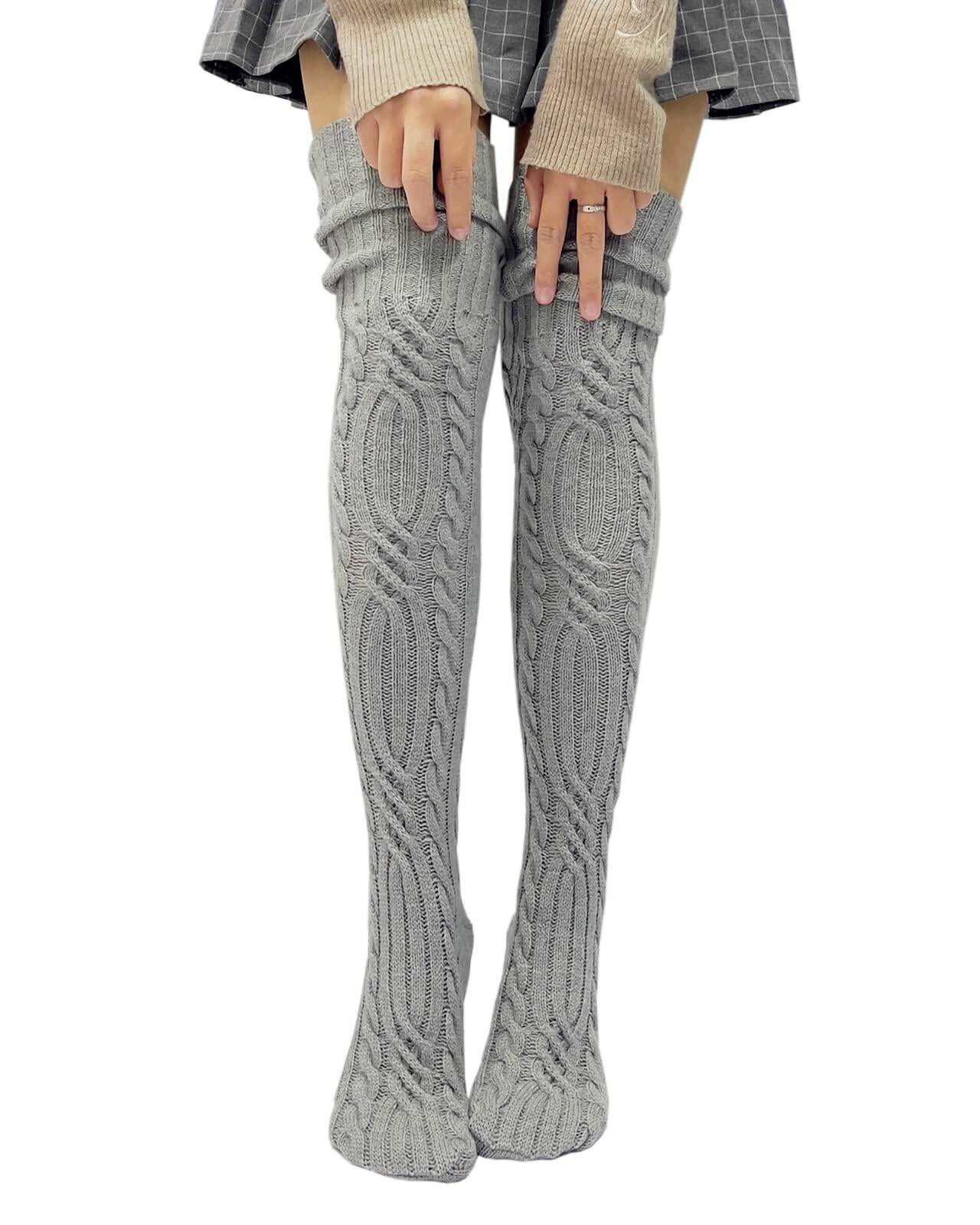 AFOLIRY Women's Knit Thigh High Socks Extra Long Fall Winter Leg Warmers Gray