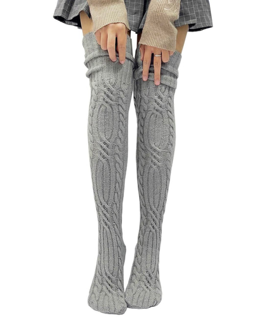 AFOLIRY Women's Knit Thigh High Socks Extra Long Fall Winter Leg Warmers Gray