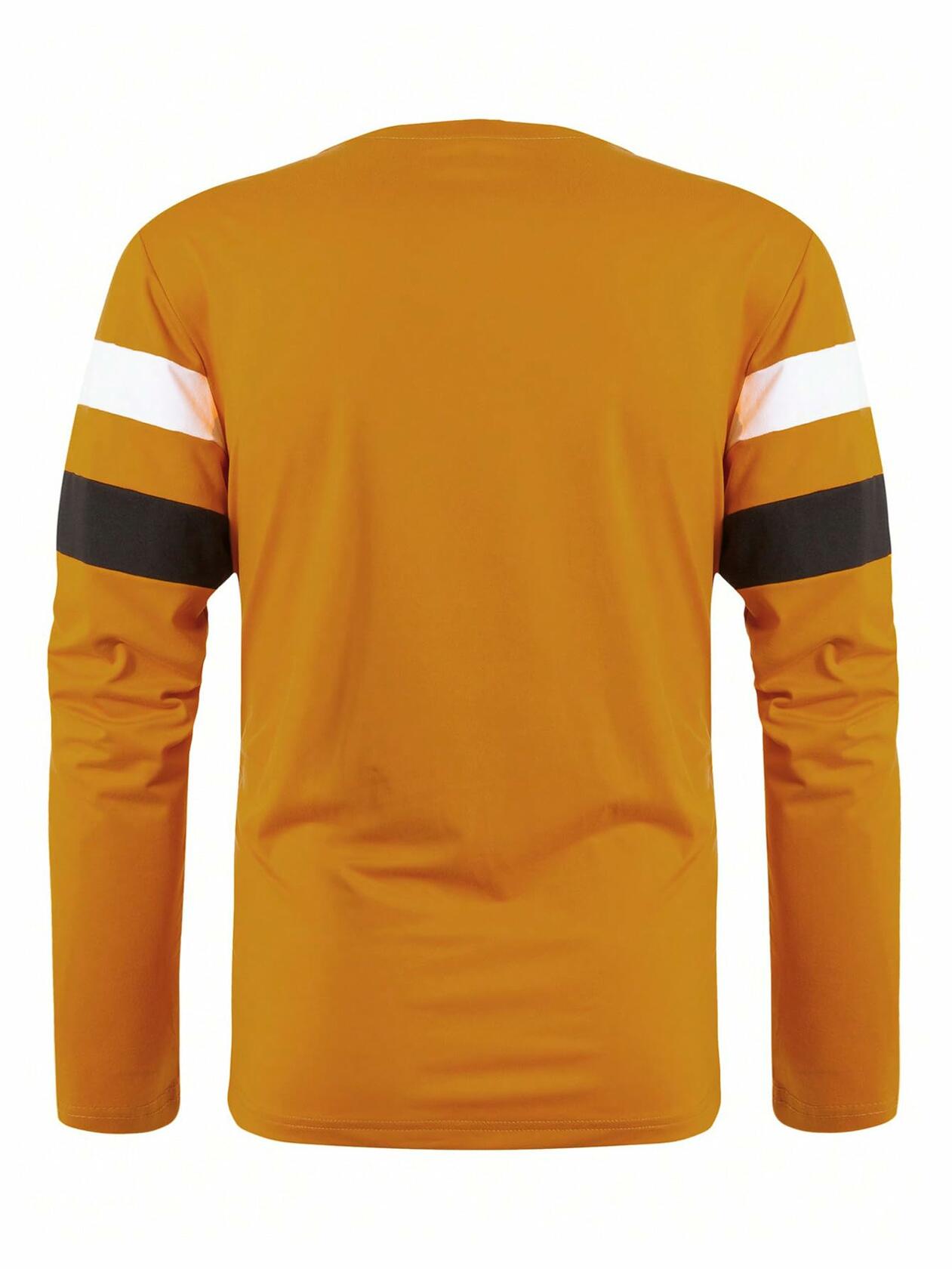 COZYEASE Men's Color Block Striped Long Sleeve Tee Mustard Yellow Size XL