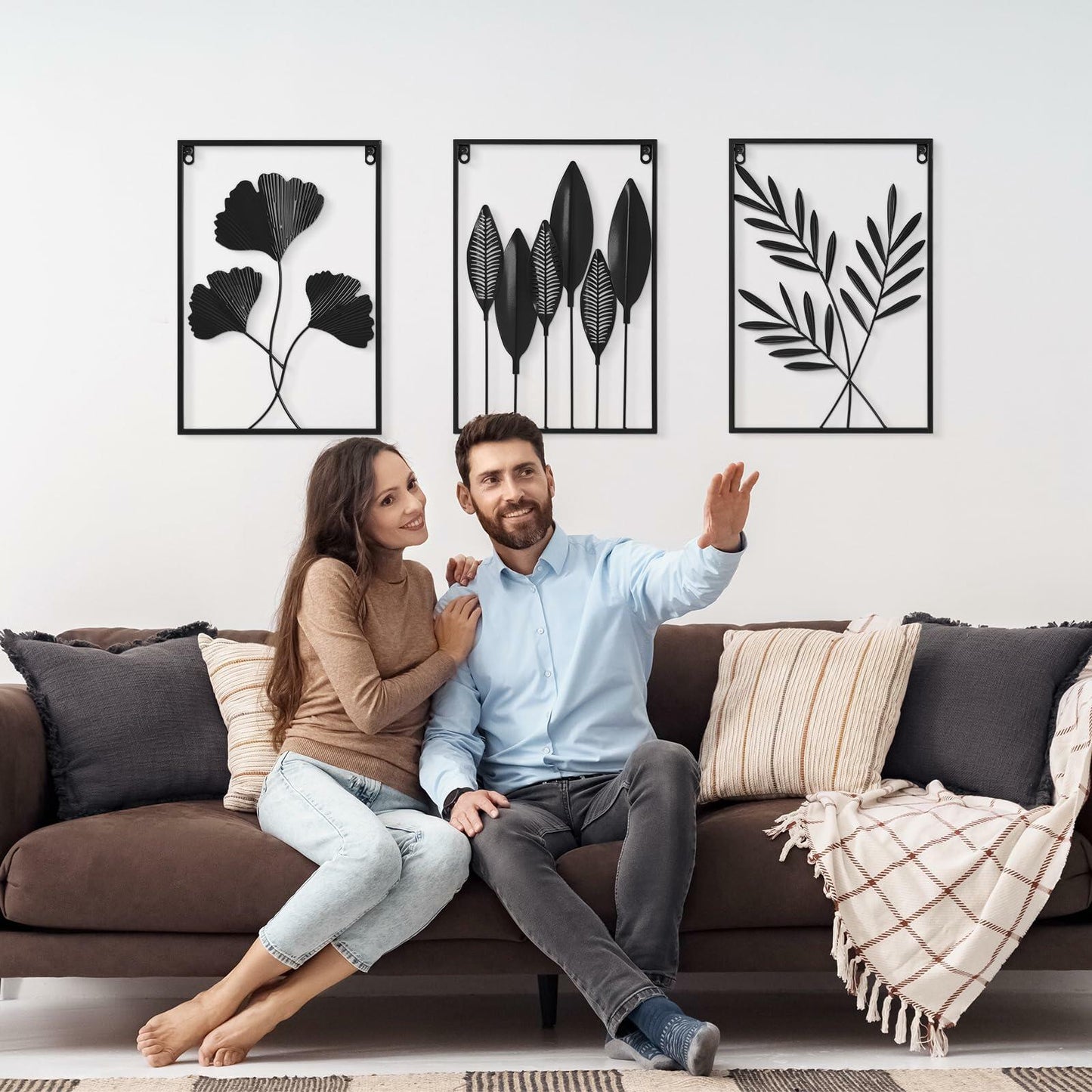 Black Metal Leaf Wall Art 3-Piece Modern Minimalist Decor Home Office