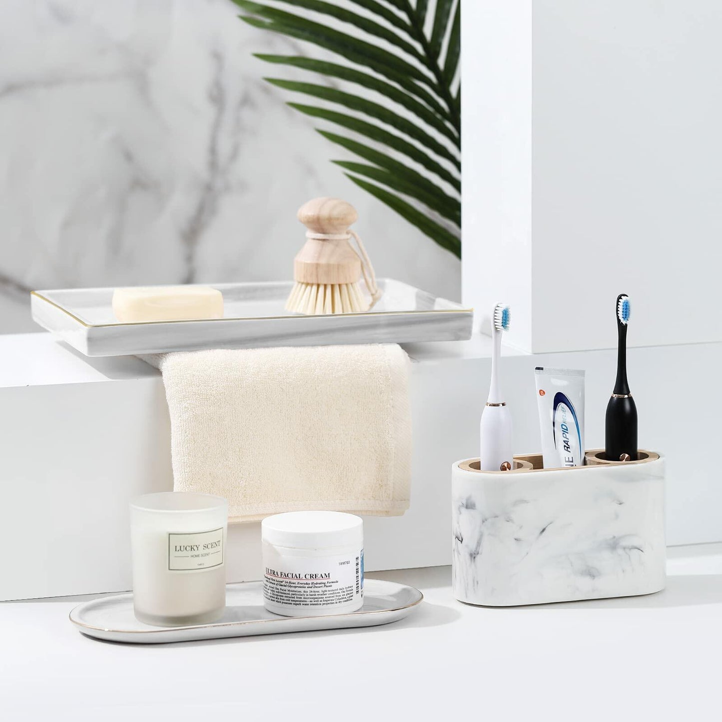 Shinowa Ceramic Vanity Tray Marble Finish Large Rectangle Marble White