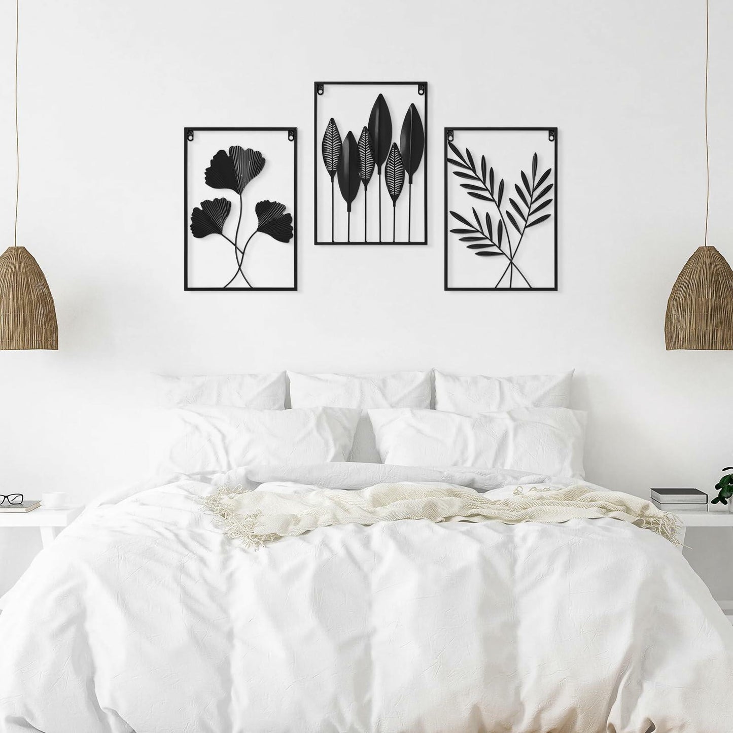 Black Metal Leaf Wall Art 3-Piece Modern Minimalist Decor Home Office