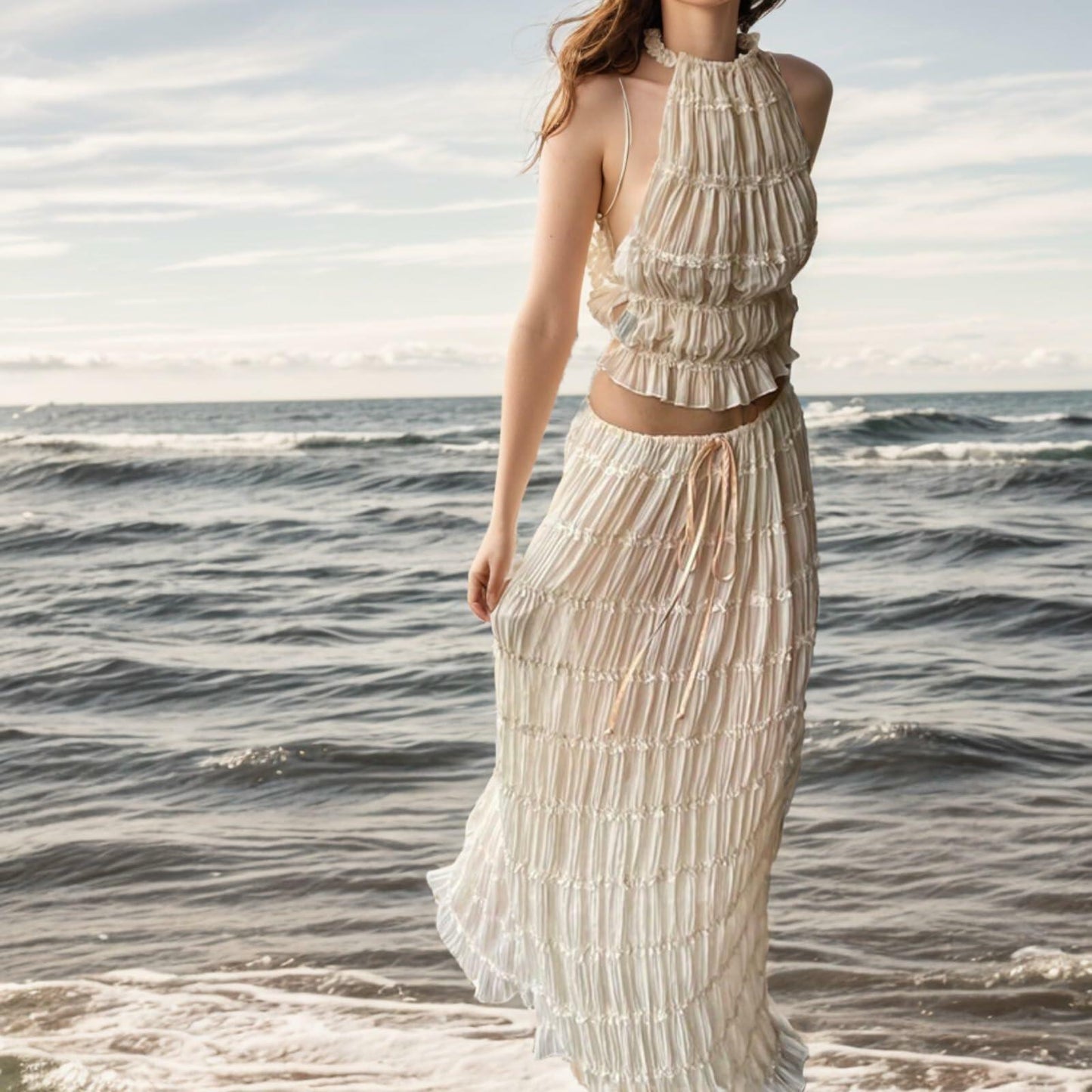 Women's Backless Halter Tank Top & Pleated Maxi Skirt Set Off-white Size S