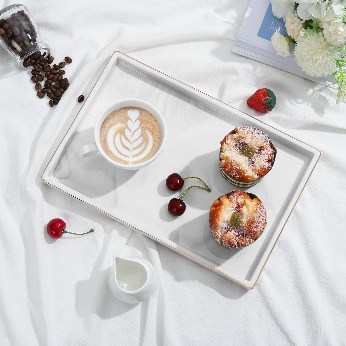 Shinowa Ceramic Vanity Tray Marble Finish Large Rectangle Marble White