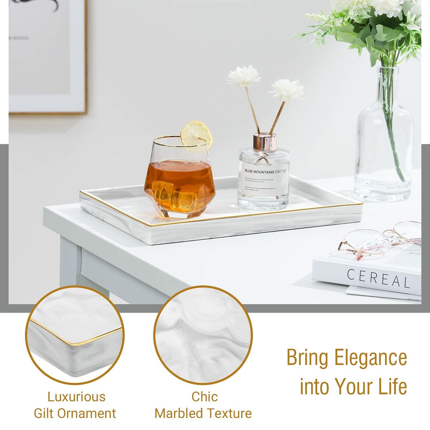 Shinowa Ceramic Vanity Tray Marble Finish Large Rectangle Marble White