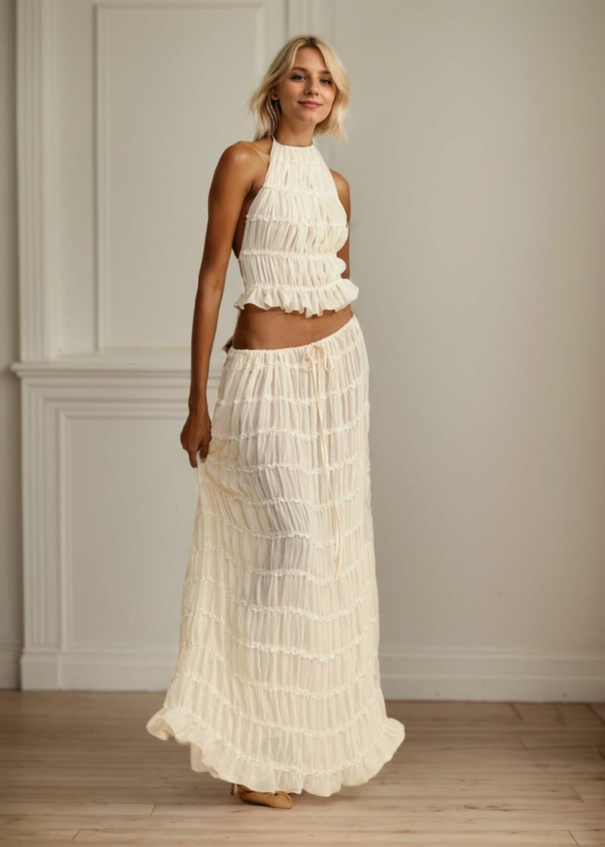 Women's Backless Halter Tank Top & Pleated Maxi Skirt Set Off-white Size S