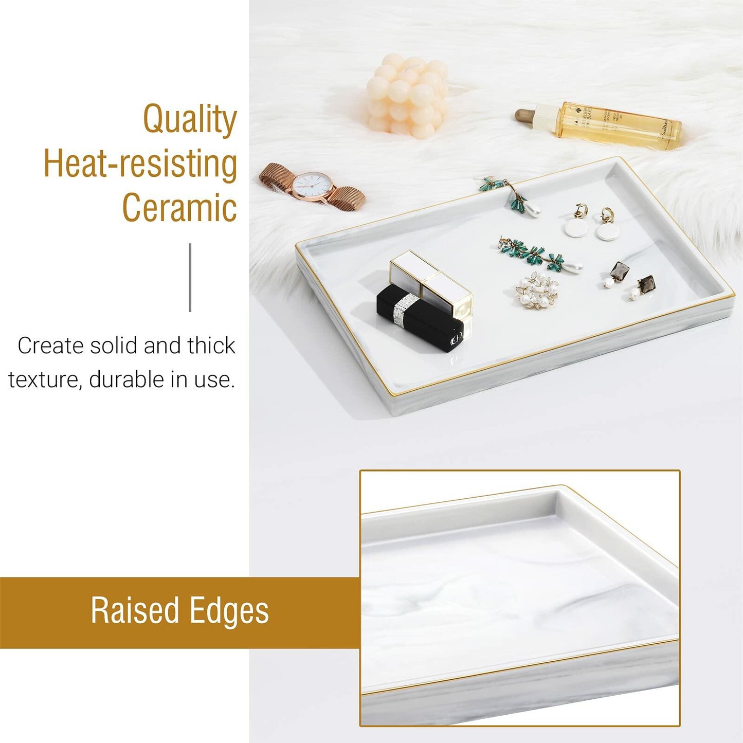 Shinowa Ceramic Vanity Tray Marble Finish Large Rectangle Marble White
