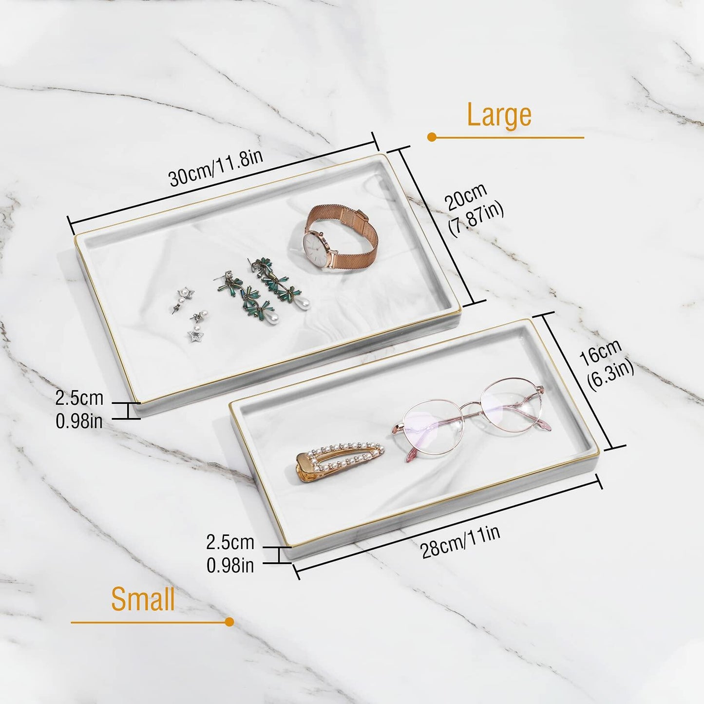 Shinowa Ceramic Vanity Tray Marble Finish Large Rectangle Marble White