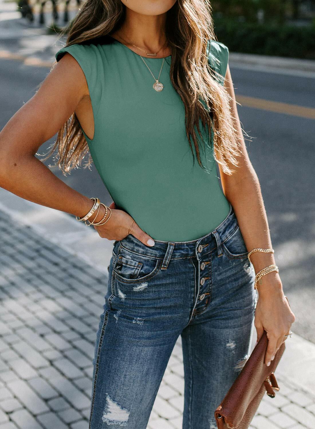 Women Sleeveless Pads Shoulder Bodycon Bodysuit Tank Top Pink Size XL