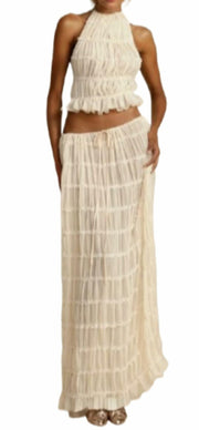 Women's Backless Halter Tank Top & Pleated Maxi Skirt Set Off-white Size S