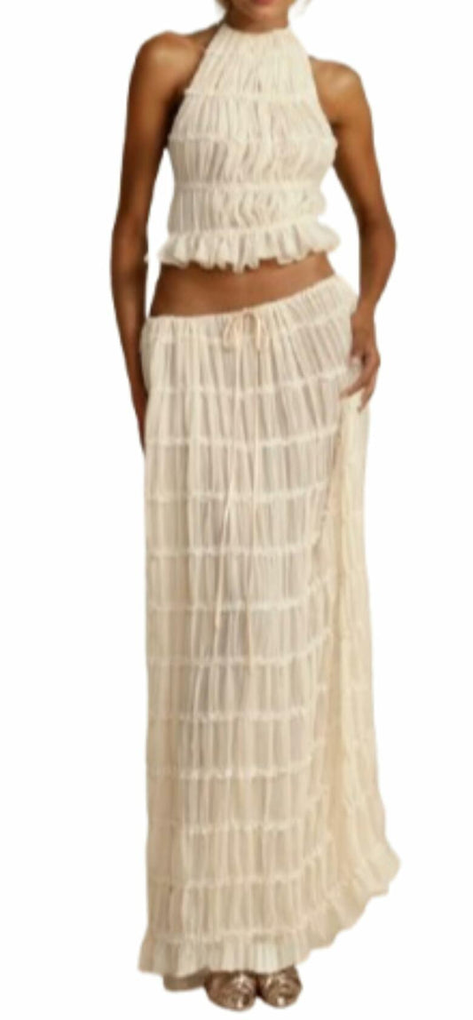 Women's Backless Halter Tank Top & Pleated Maxi Skirt Set Off-white Size S