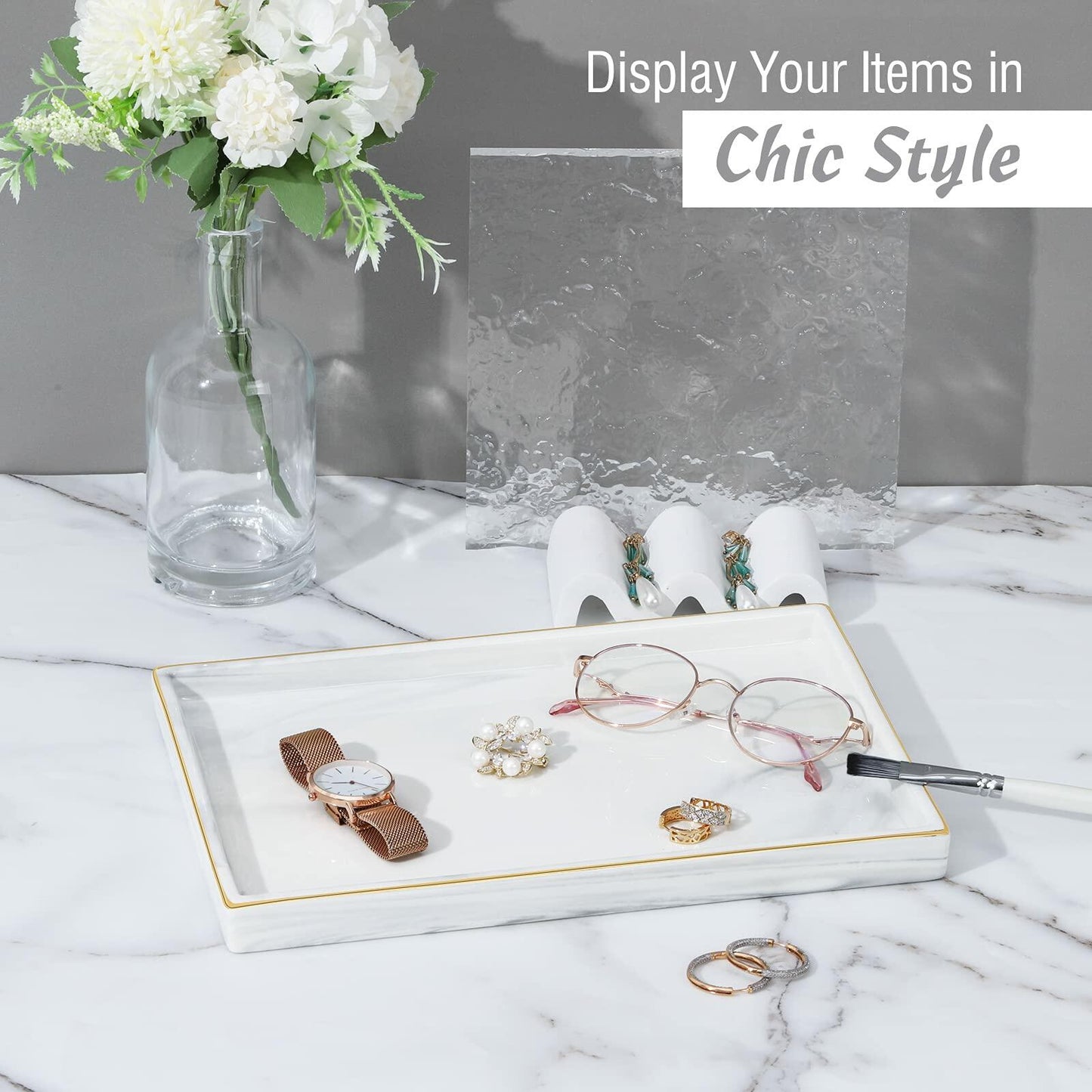 Shinowa Ceramic Vanity Tray Marble Finish Large Rectangle Marble White