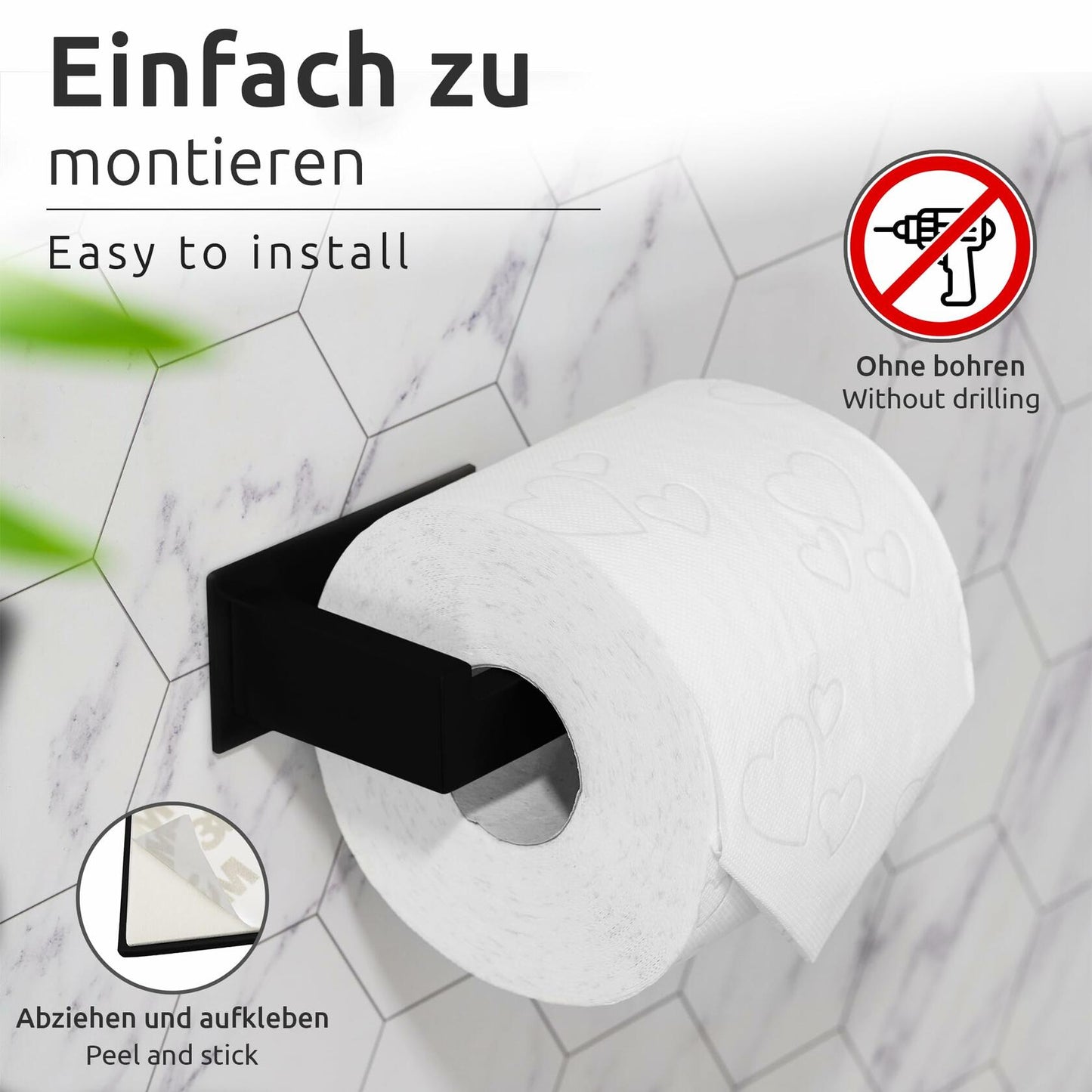 ECENCE Bathroom Set Black 1 Toilet Roll Holder + 2 Towel Hooks No Drilling
