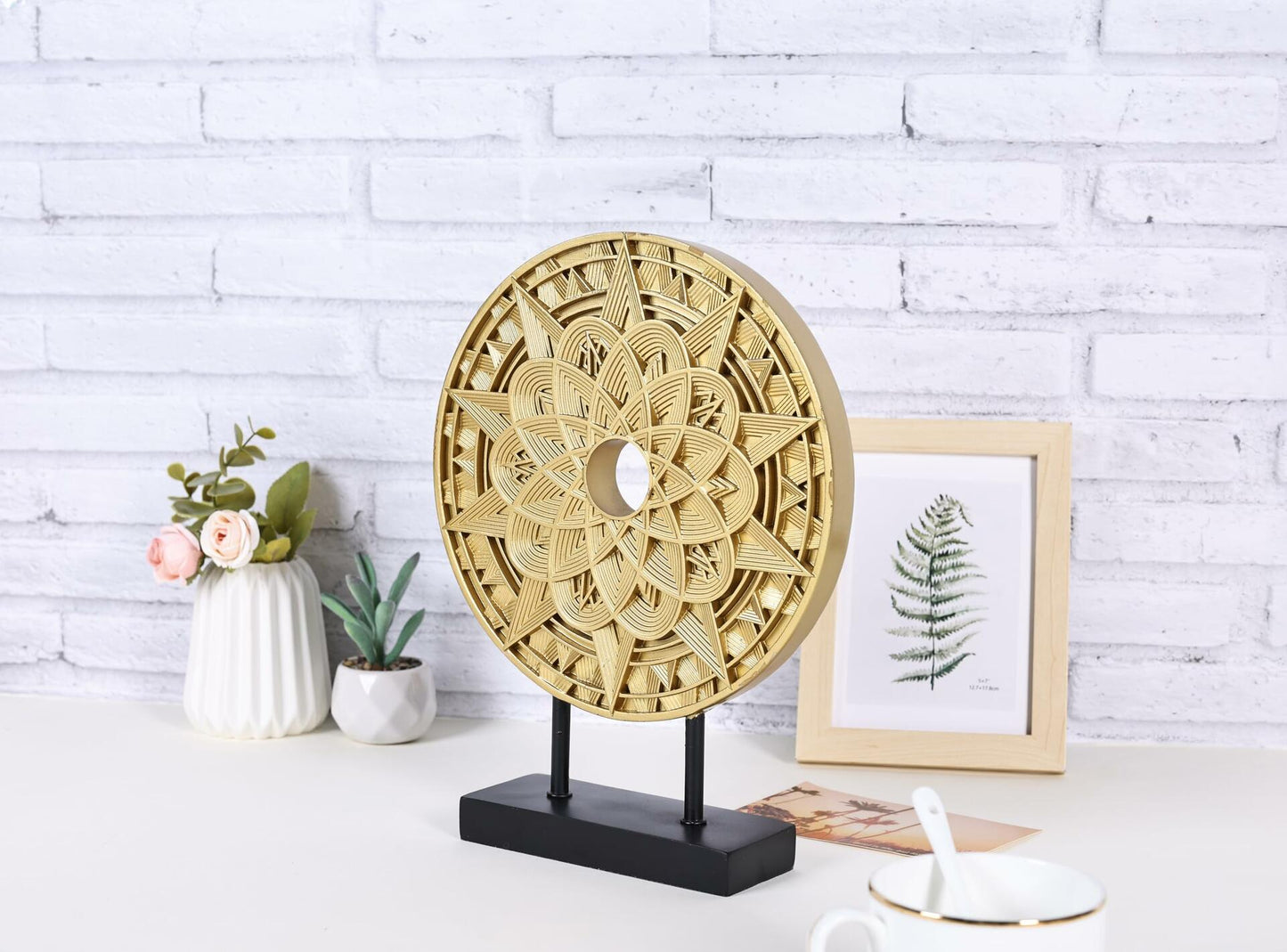 Geometric Mandala Sculpture Black Gold Round Art Decor for Shelf Table Office