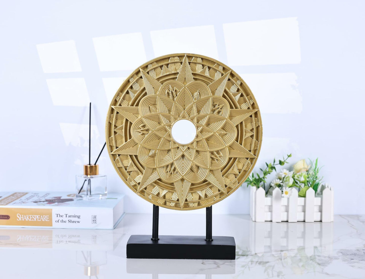 Geometric Mandala Sculpture Black Gold Round Art Decor for Shelf Table Office