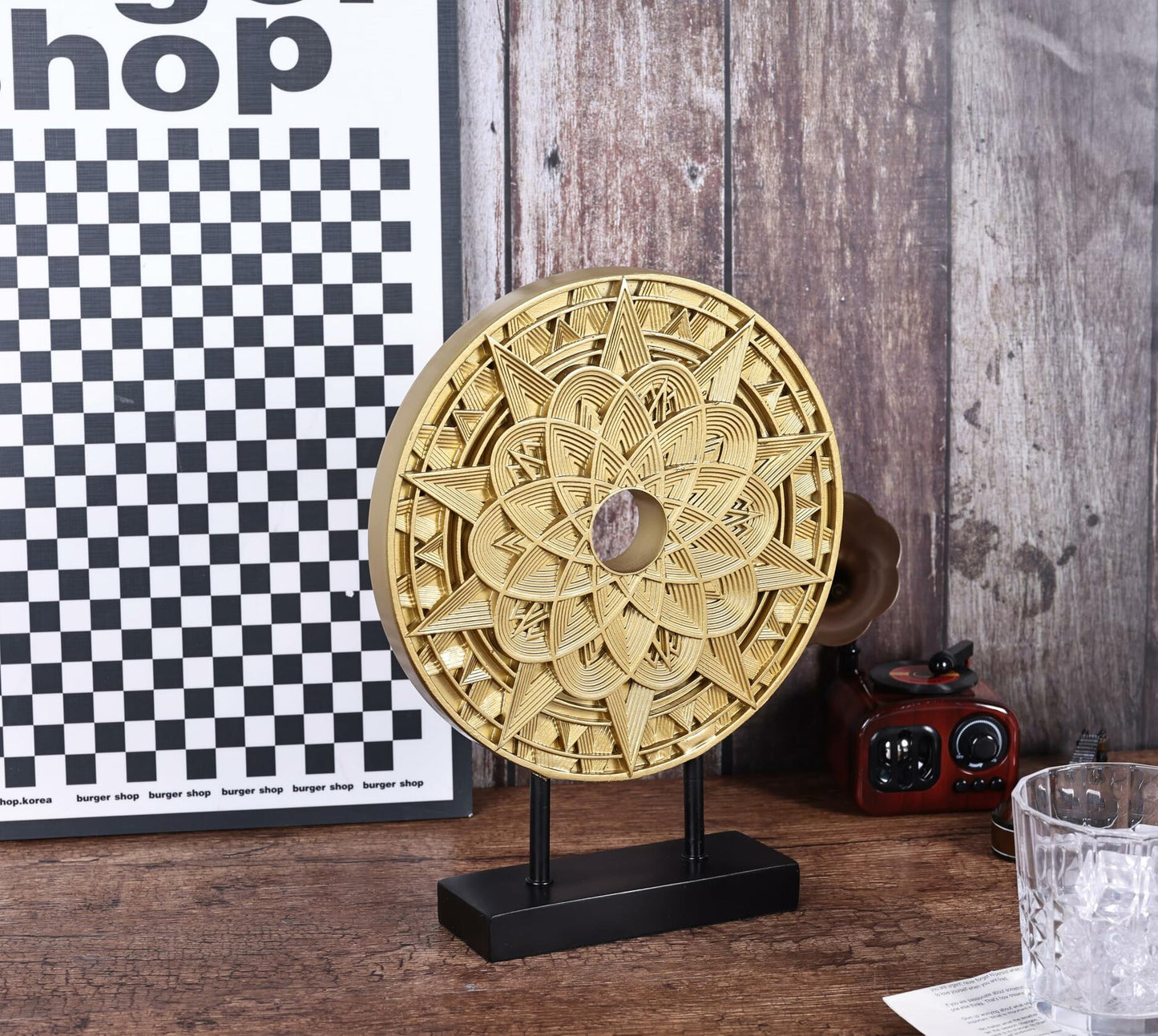Geometric Mandala Sculpture Black Gold Round Art Decor for Shelf Table Office