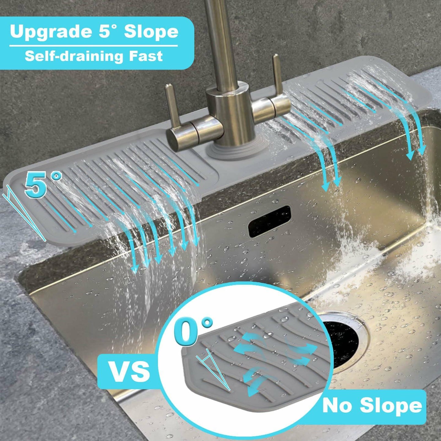 5° Slope Kitchen Sink Splash Guard Silicone Mat Gray 5x24in 1pc Faucet Tray