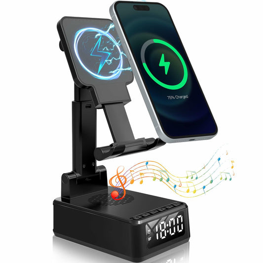 QUNPON 4-in-1 Bluetooth Speaker Alarm Clock Wireless Charger Phone Stand