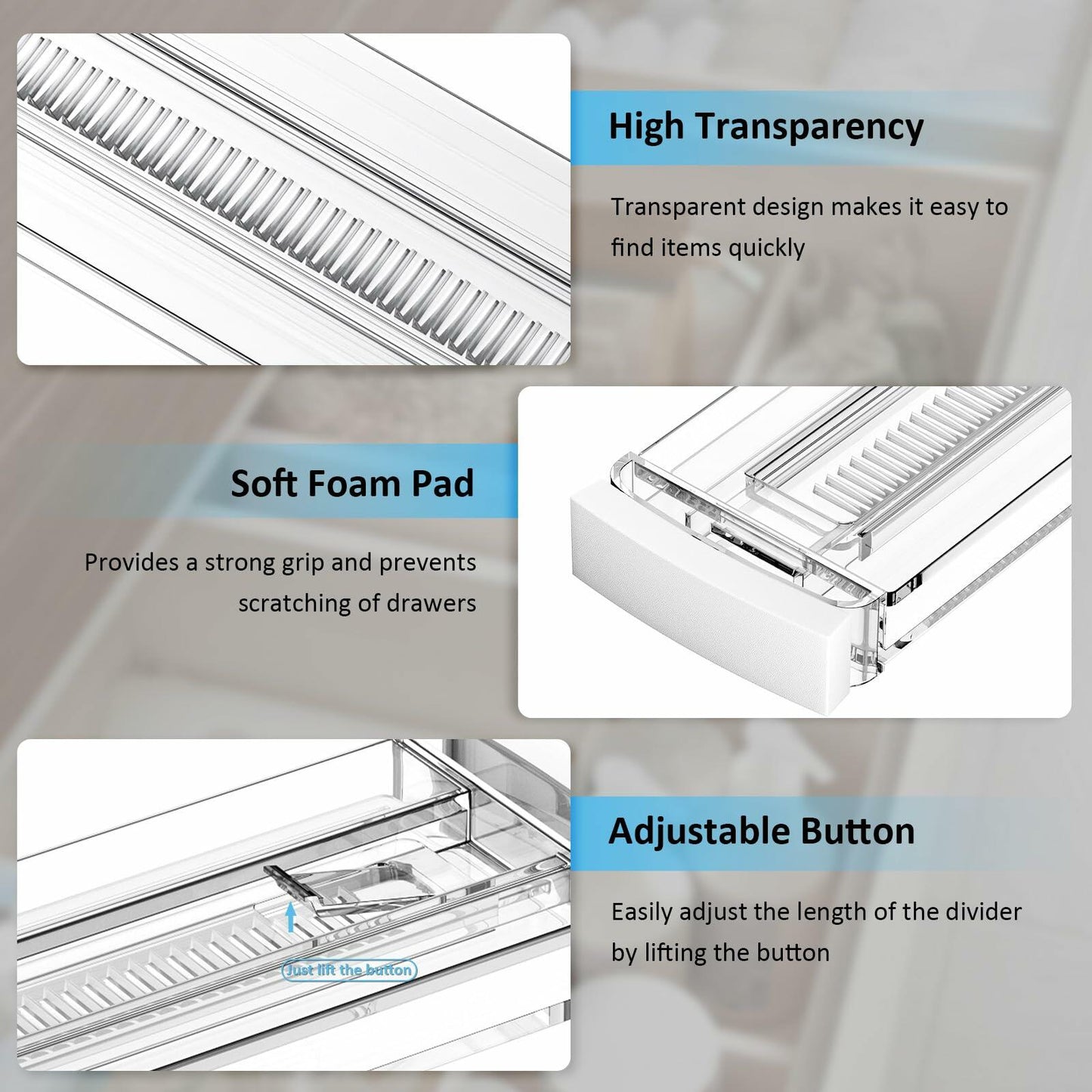 Optish 12 Pack Adjustable Drawer Dividers 12-21" Clear 3.2" High