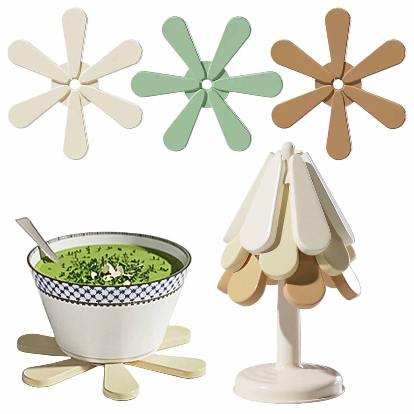 Silicone Trivets for Hot Dishes 3 Tree Coasters + 1 Foldable Stand Green