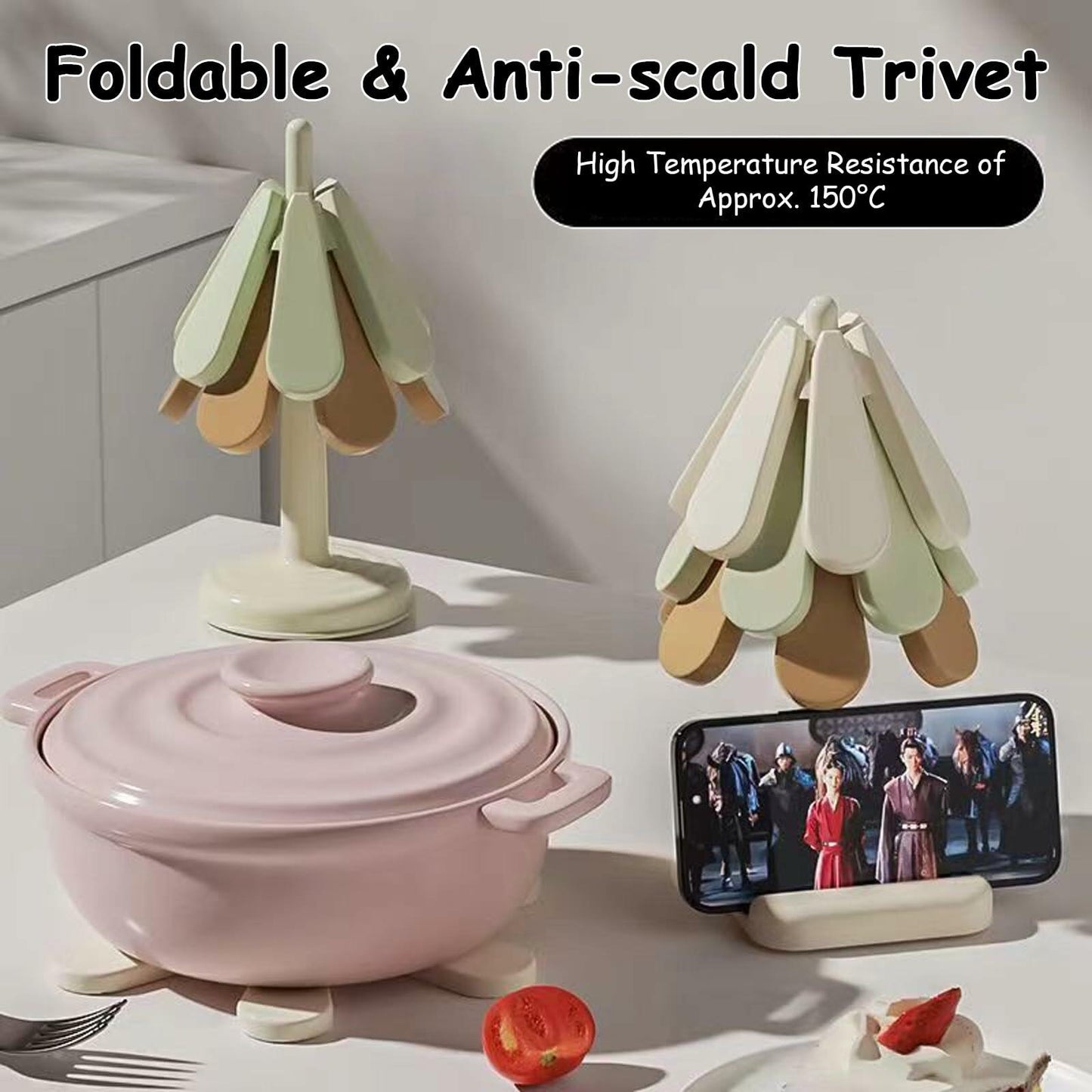 Silicone Trivets for Hot Dishes 3 Tree Coasters + 1 Foldable Stand Green