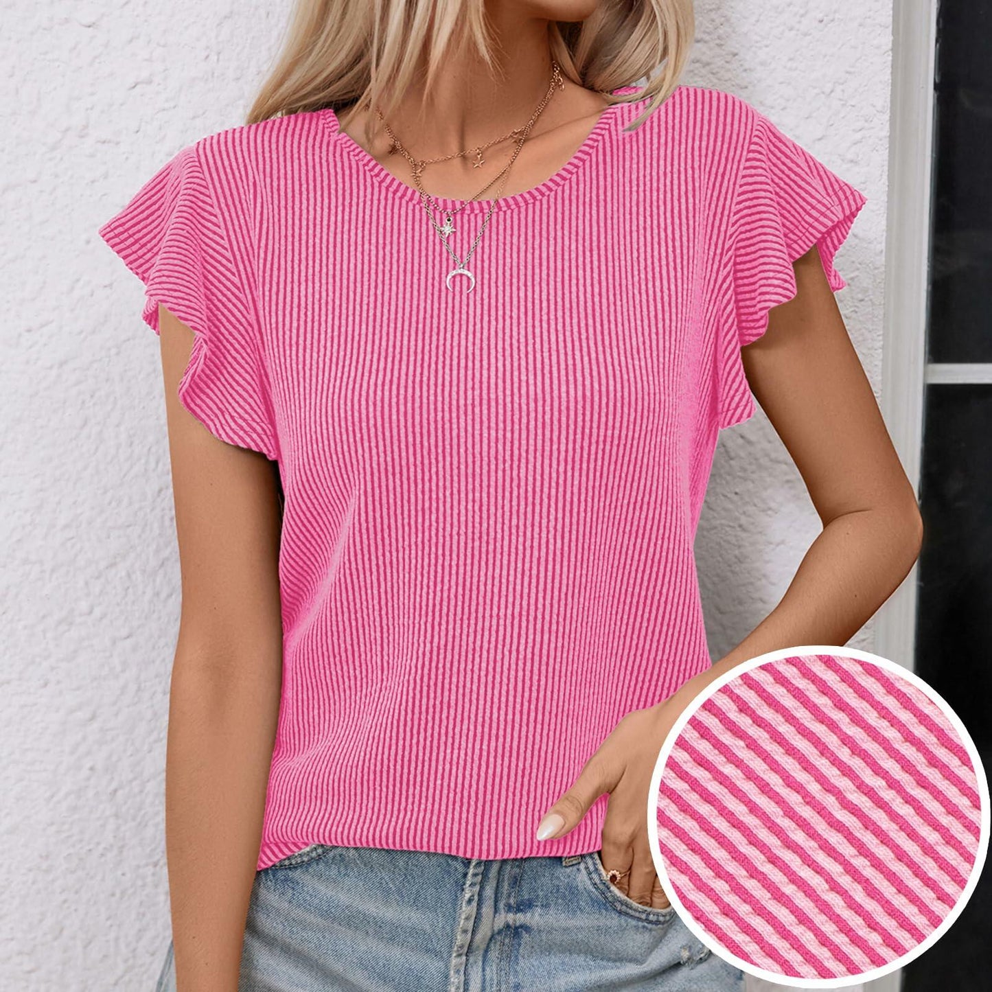 levaca Womens Ribbed Ruffle Short Sleeve Top Blue Size L