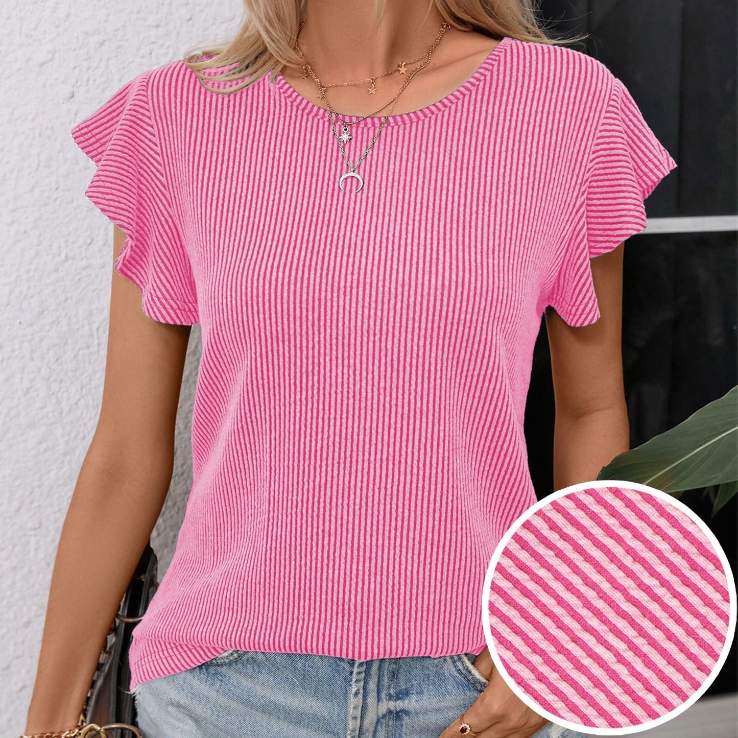 levaca Womens Ribbed Ruffle Short Sleeve Top Blue Size L