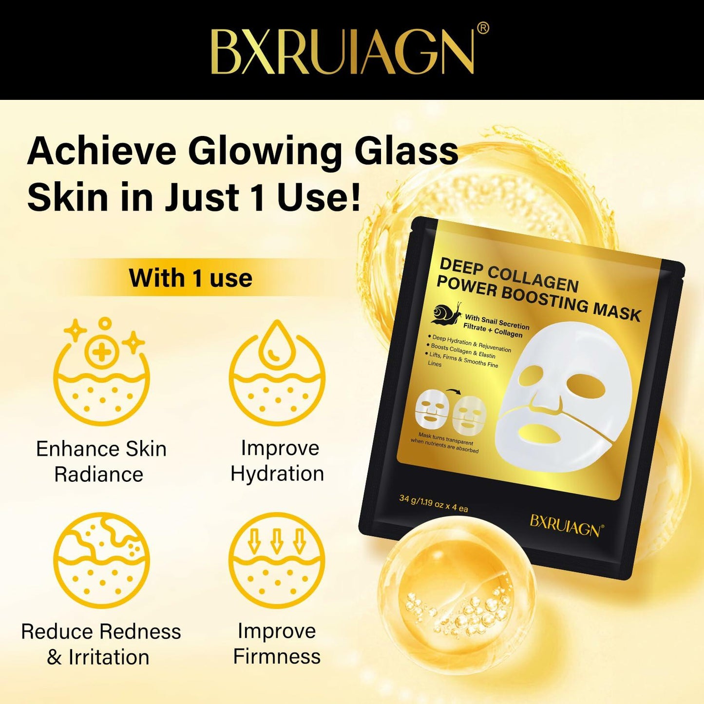 BestBy01/28 BXRUIAGN Snail Mucin Face Mask 96 Hydrogel Korean Skin Care 4pcs