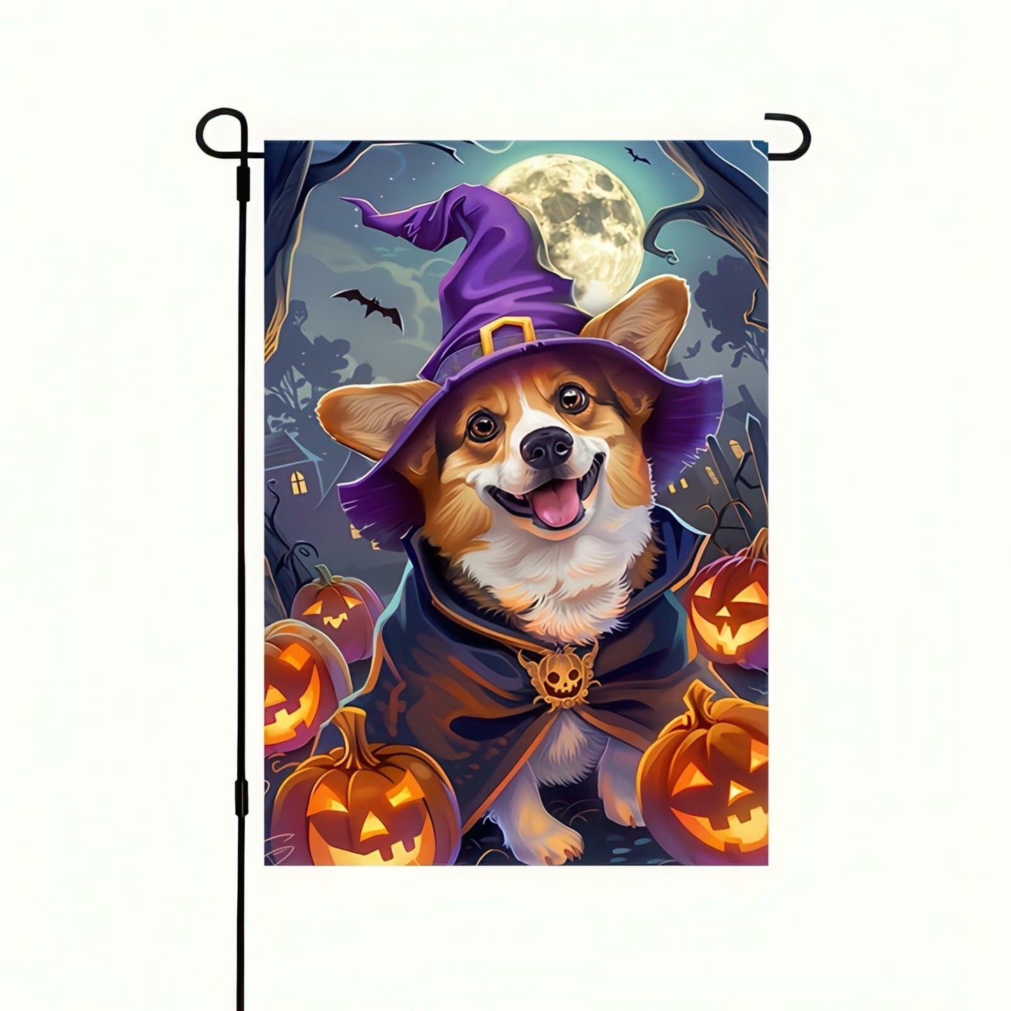Happy Halloween Garden Flag Witch Hat Corgi Polyester 12x18 Inch Double Sided
