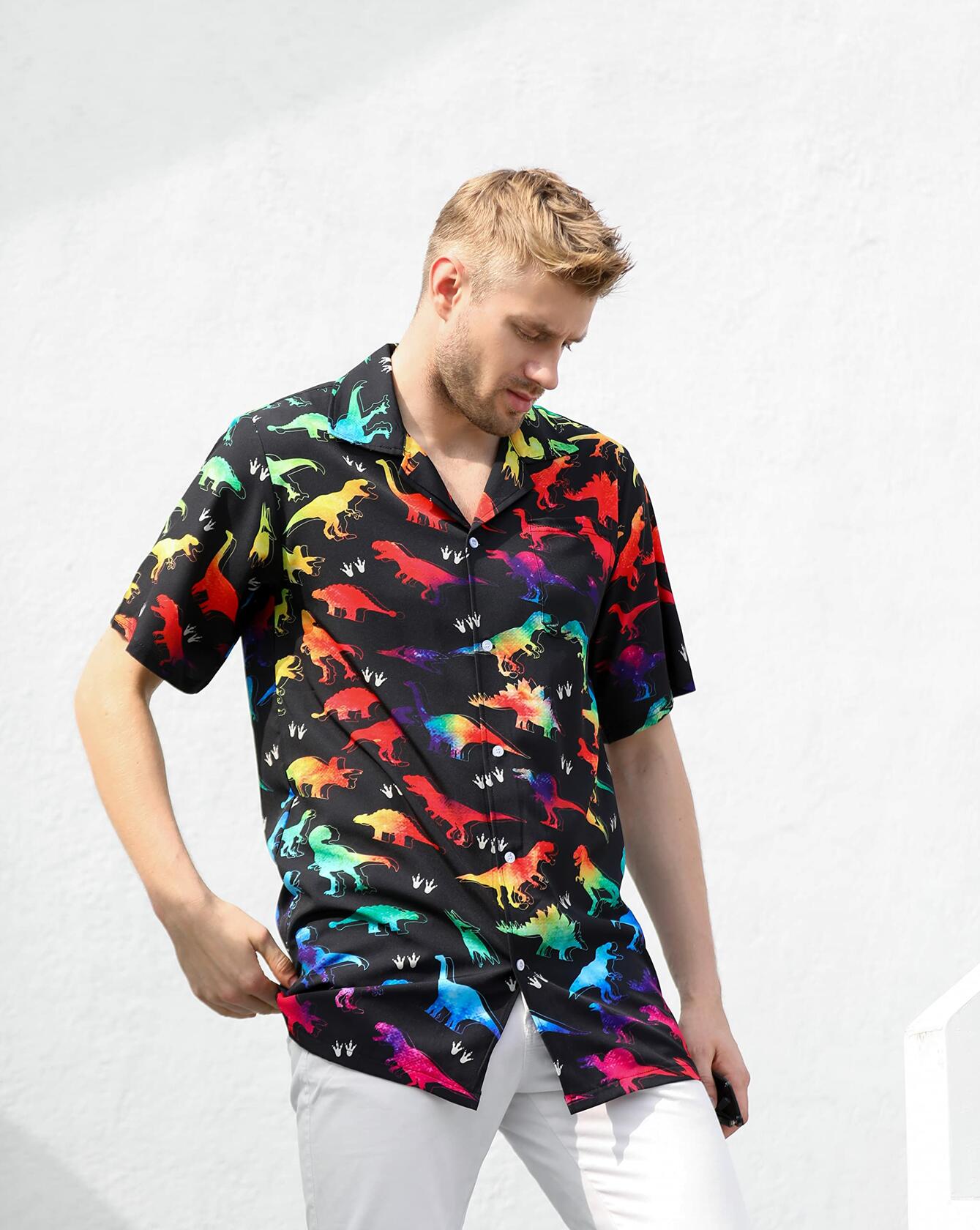 GADZILLE Mens Dinosaur Tie Dye Button Down Shirt Rainbow Size XXL