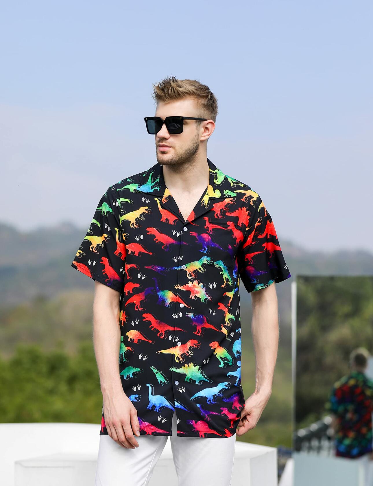 GADZILLE Mens Dinosaur Tie Dye Button Down Shirt Rainbow Size XXL