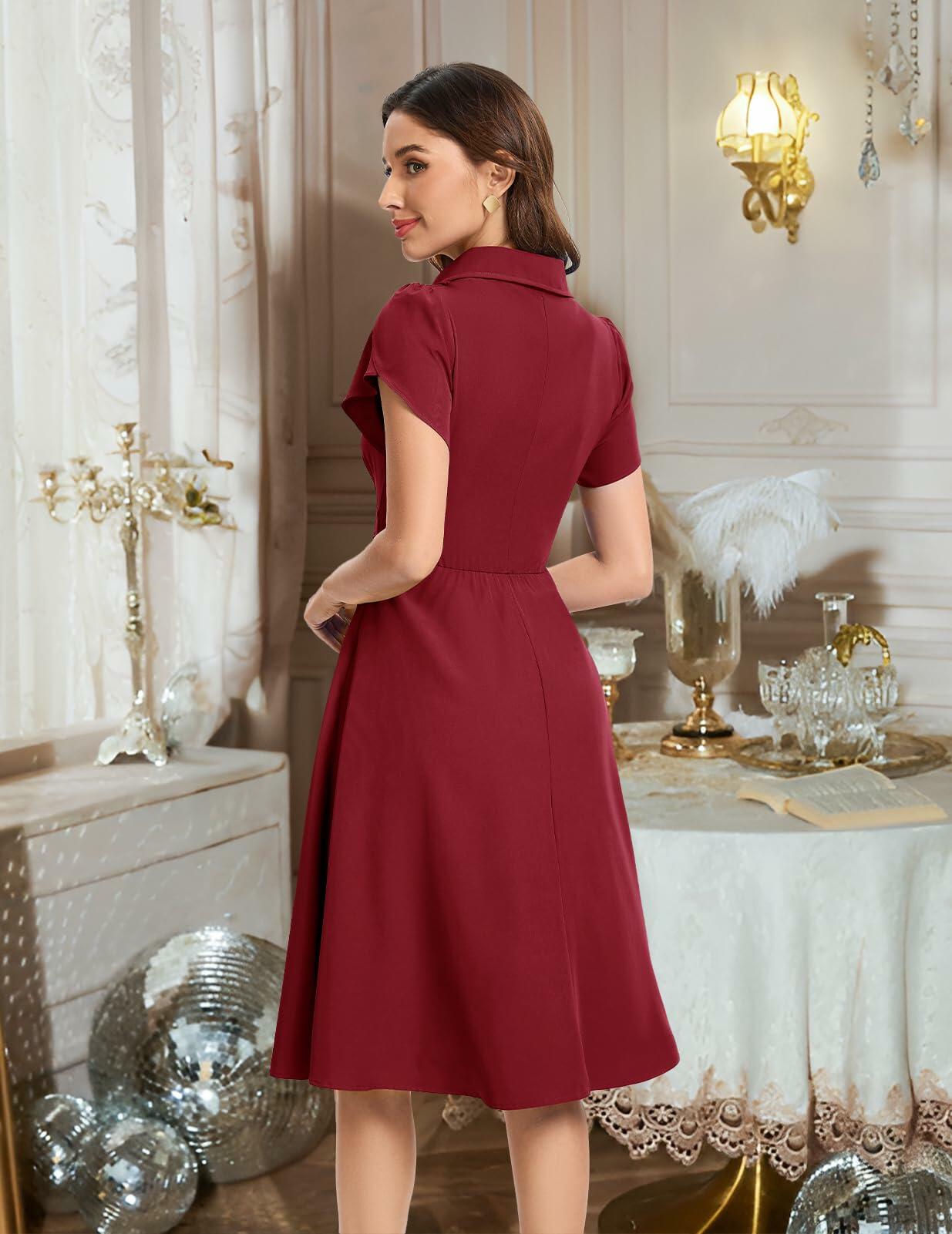 Bbonlinedress Retro Short Sleeve Collared Swing Dress Burgundy Size M